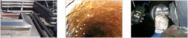 配管類の設置状況の写真、排水管内部の状況をビデオスコープにて確認している写真、配管詳細点検で肉厚測定を行っている写真