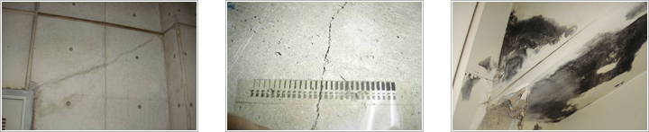 コンクリート表面のひび割れ・ひび割れ幅測定状況・漏水状況の写真